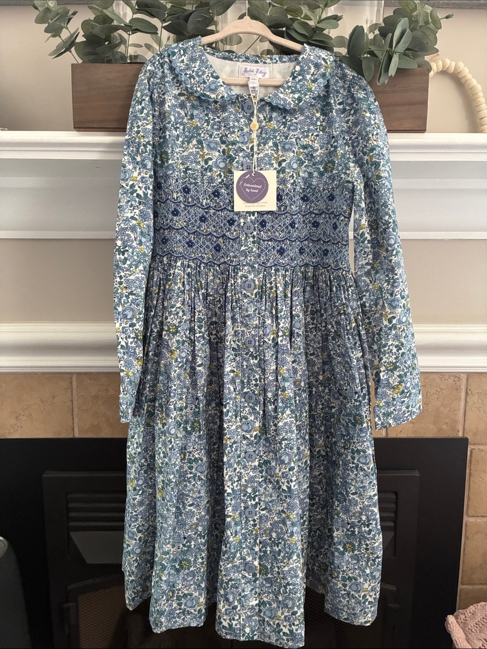10Y Rachel Riley Blossom Print Smocked Button-Front Dress Hand Smocked